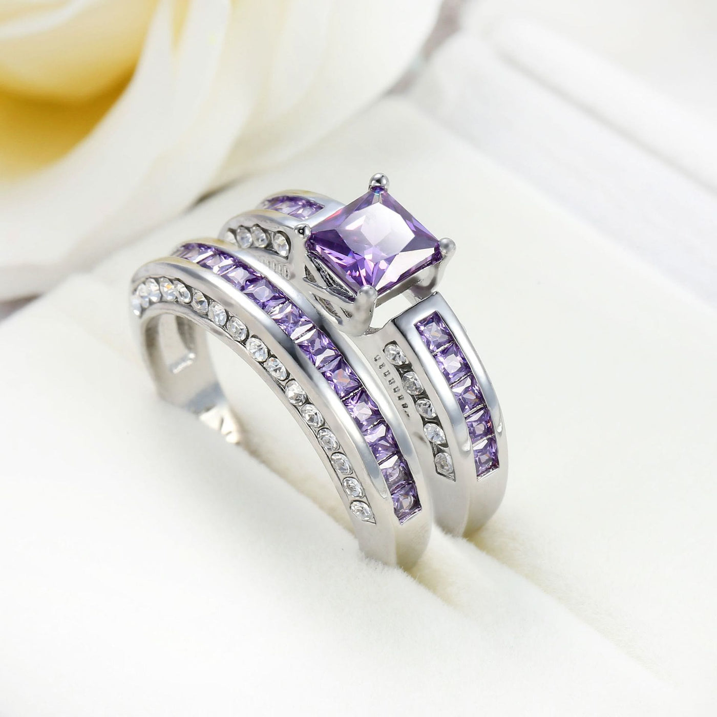 Olivenorma Amethyst White Zircon Ring Set Pair of Rings