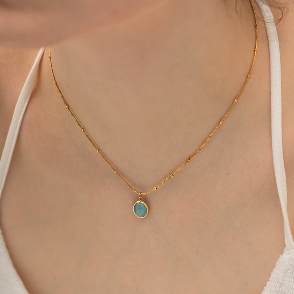 Olivenorma Blue Cat's Eye Stone Heart Square Pendant Necklace