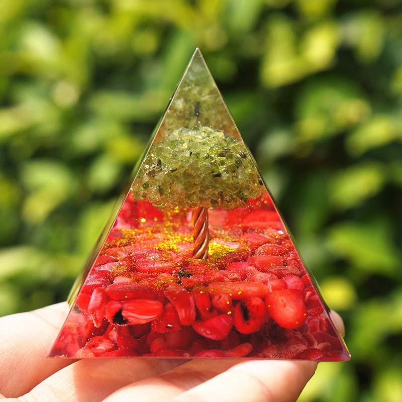 Olivenorma Peridot With Red Coral Tree Of Life Orgone Pyramid