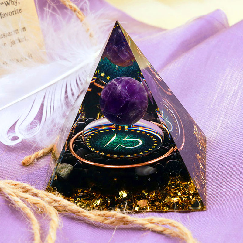 Olivenorma Amethyst Sphere With Obsidian Zodiac Libra Orgone Pyramid