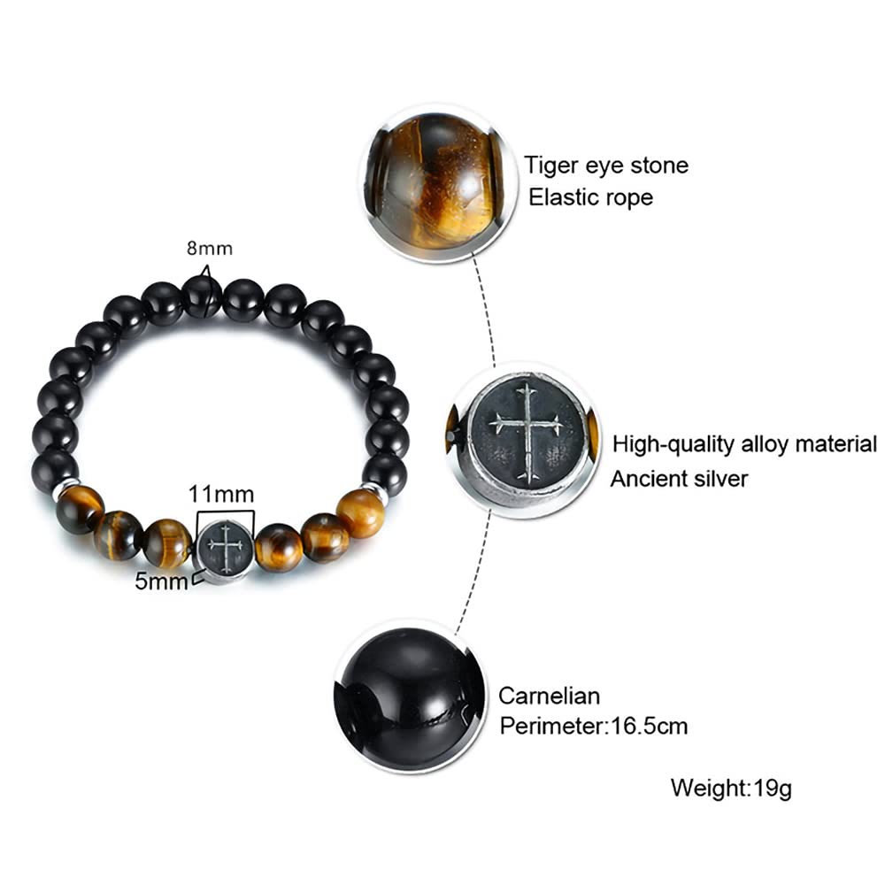 Olivenorma 8mm Natural Tiger Eye Beaded Men Cross Bracelet