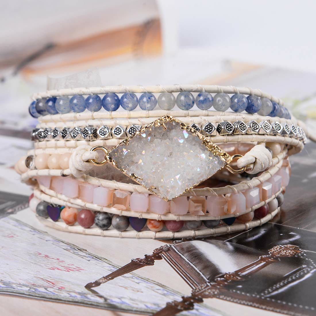 Olivenorma Rose Quartz Kyanite Boho Handmade Wrap Bracelet