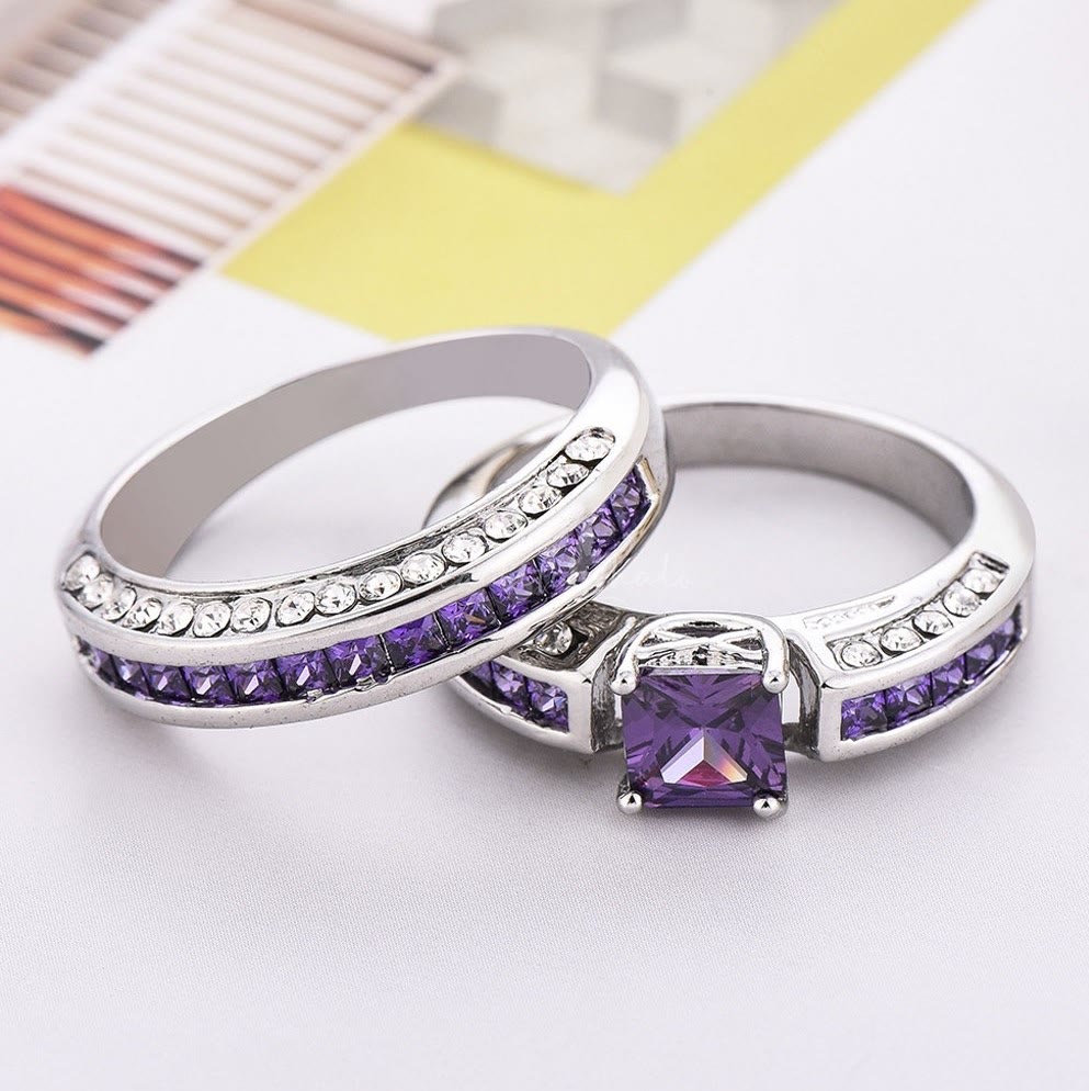 Olivenorma Amethyst White Zircon Ring Set Pair of Rings