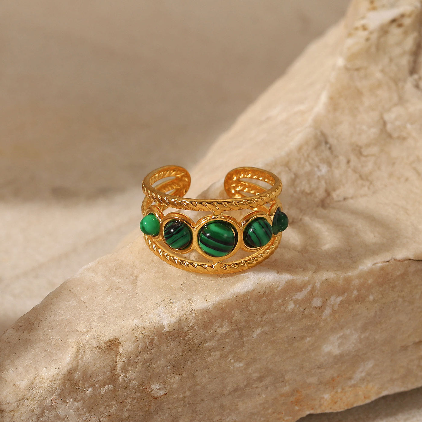 Olivenorma Gold Green Natural Malachite Open Ring Set