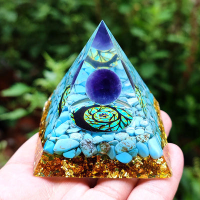 Olivenorma Turquoise With Amethyst Ball Orgone Pyramid