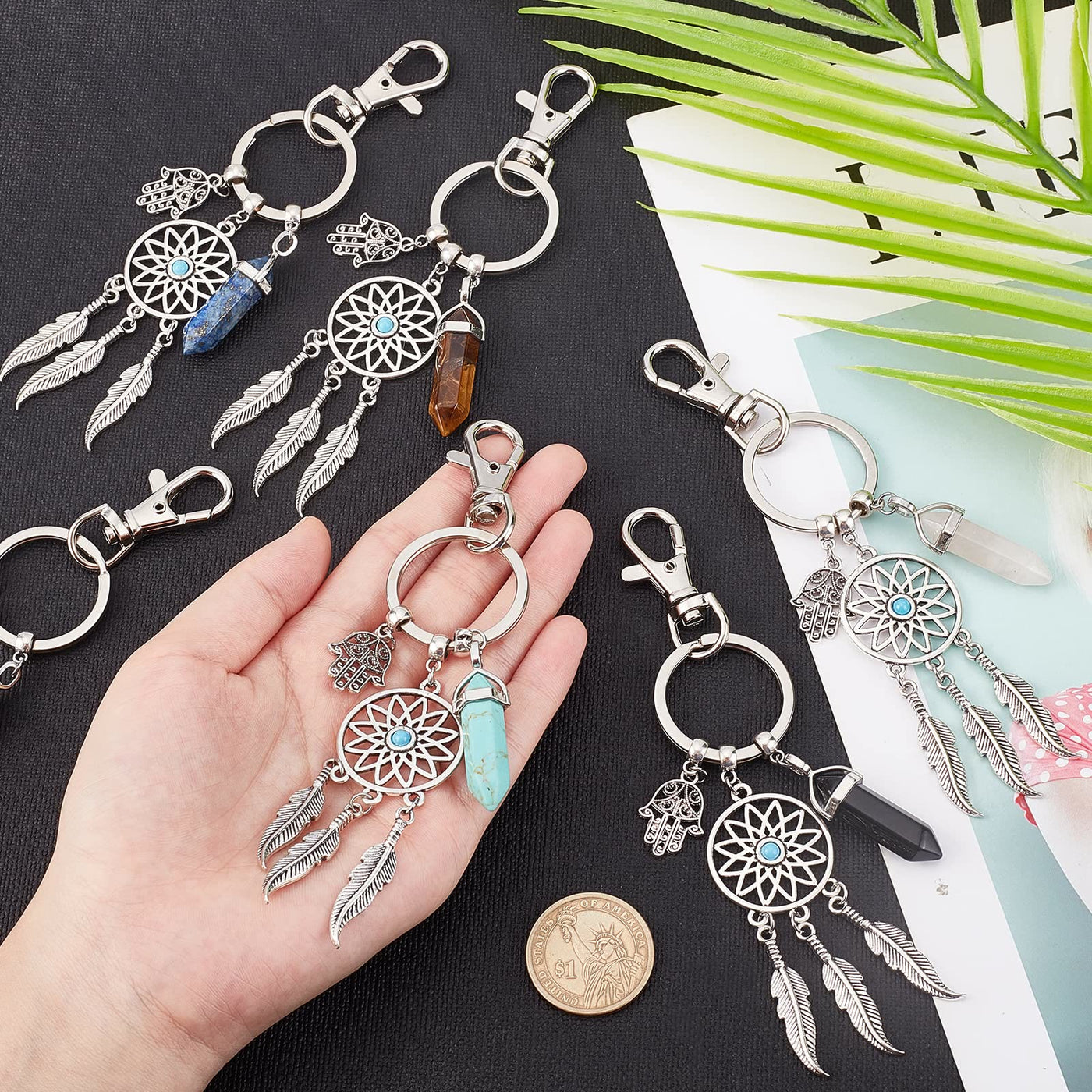 Olivenorma Natural Gemstone Dreamcatcher Pendants Hamsa Keychain