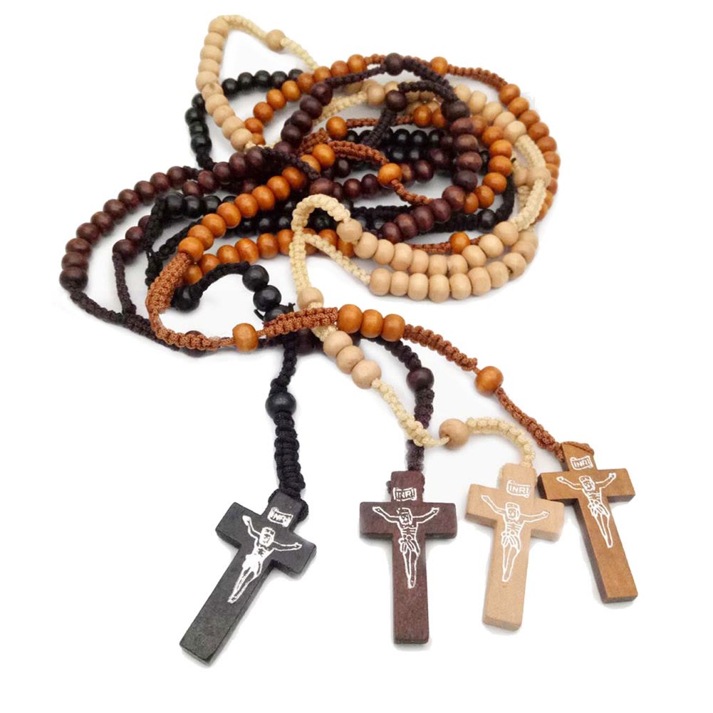 Olivenorma Cross Wooden Mala Bead Rosary Necklace