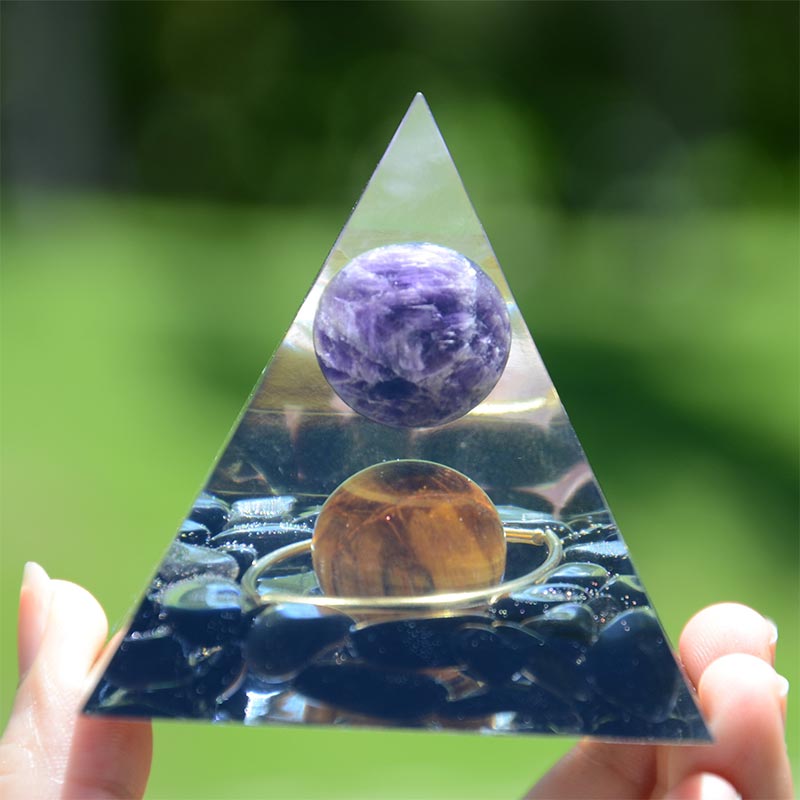 Olivenorma Amethyst Sphere With Obsidian Tiger Eye Orgone Pyramid