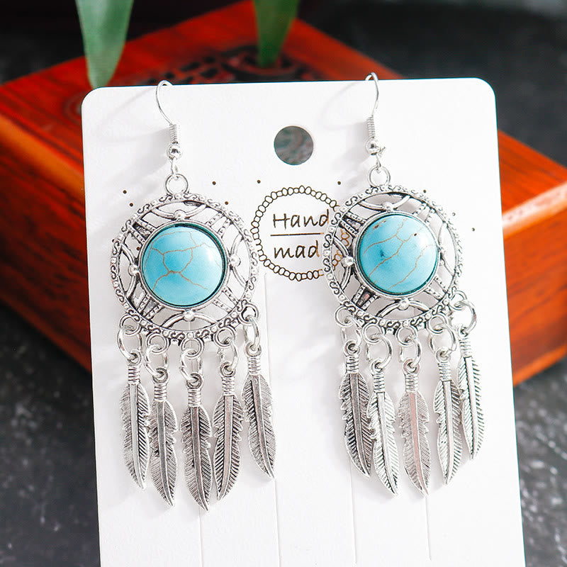 Olivenorma Turquoise Silver Feather Tassel Earrings