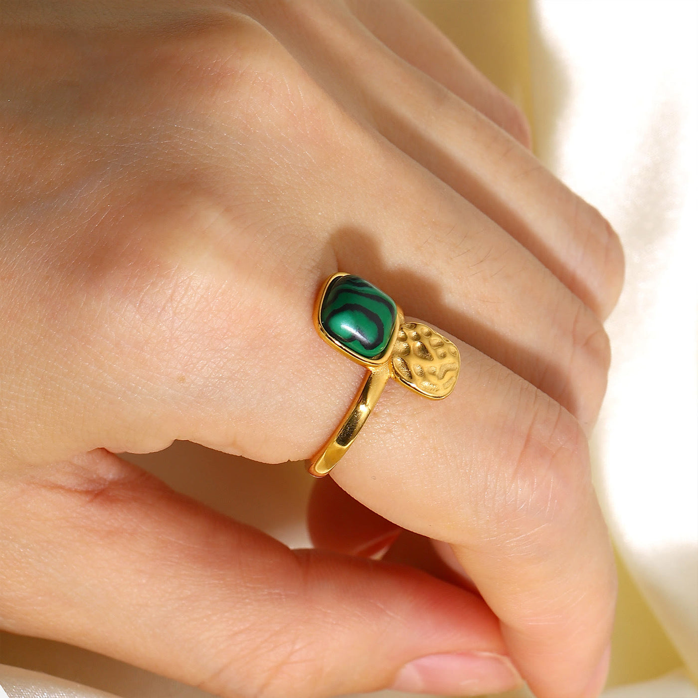 Olivenorma Gold Green Natural Malachite Open Ring Set