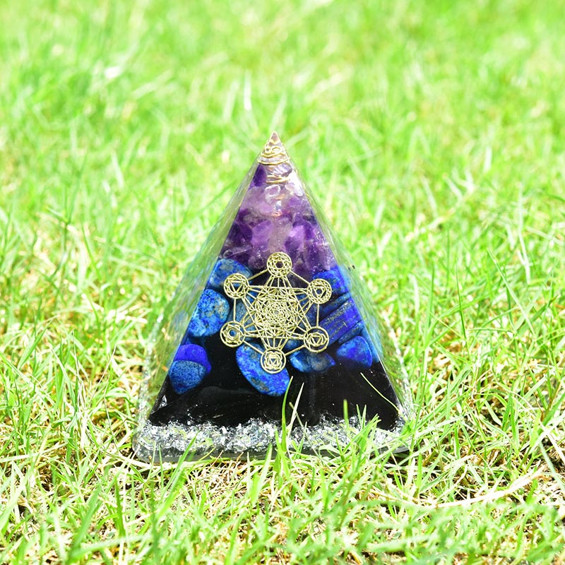 Olivenorma Amethyst Lapis Lazuli Black Tourmaline Metatron's Cube Symbol Orgone Pyramid