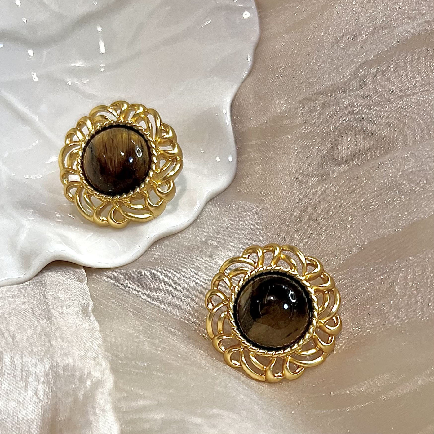 Olivenorma Tiger Eye Sunflower Gold Earrings