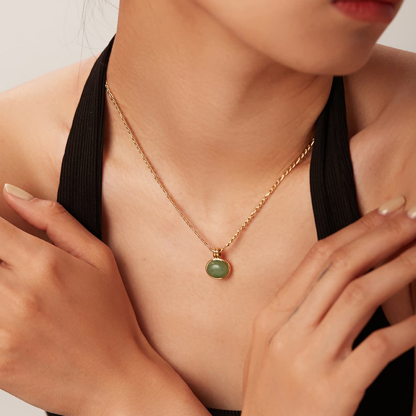 Olivenorma 14k Green Aventurine Jade Oval Pendant Clavicle Necklace