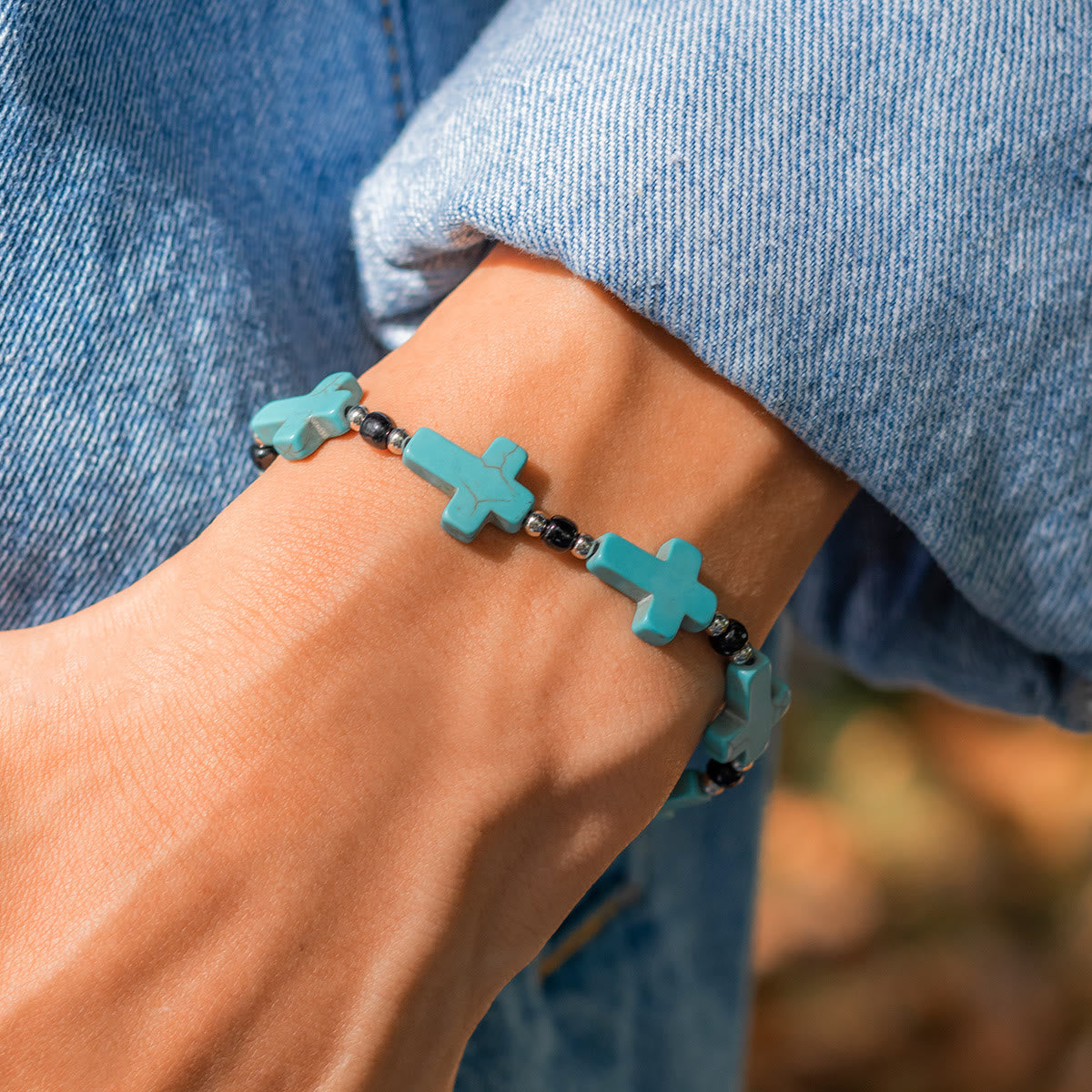 Olivenorma Natural Turquoise Cross Strand Mens Bracelet