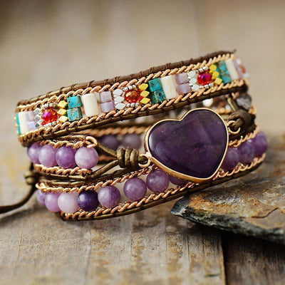 Olivenorma Amethyst Heart Charm Beads Wrap Bracelet