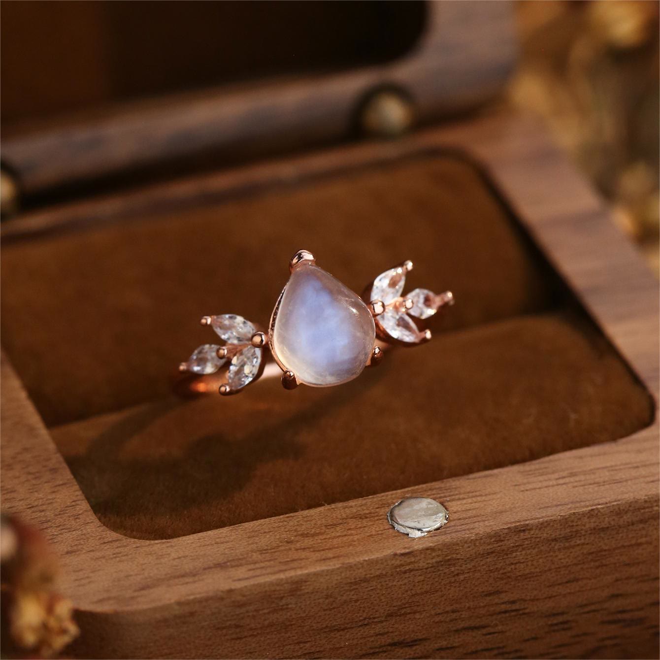 Olivenorma Moonstone White Zircon Drop Shape Rose Gold Ring