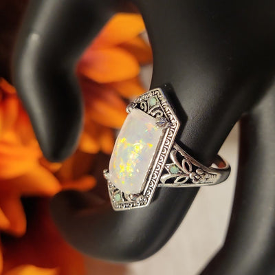 Olivenorma Square White Opal Antique Silver Ring