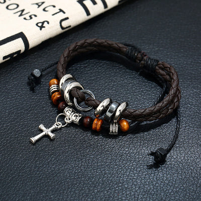 Olivenorma Adjustable Multi Layered Braided Woven Leather Cross Bracelet