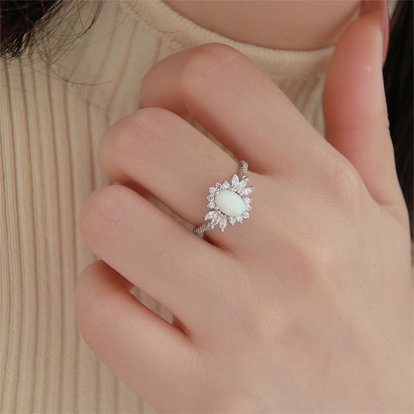 Olivenorma White Blue Opal Sunflower Design 925 Silver Ring