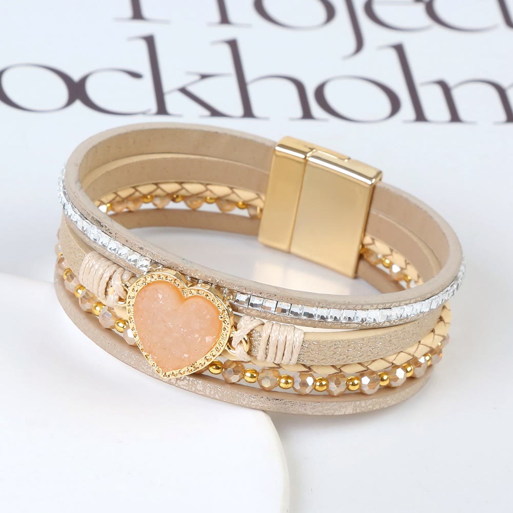 Olivenorma Heart Shape Cluster Multilayer Braided Leather Bracelet