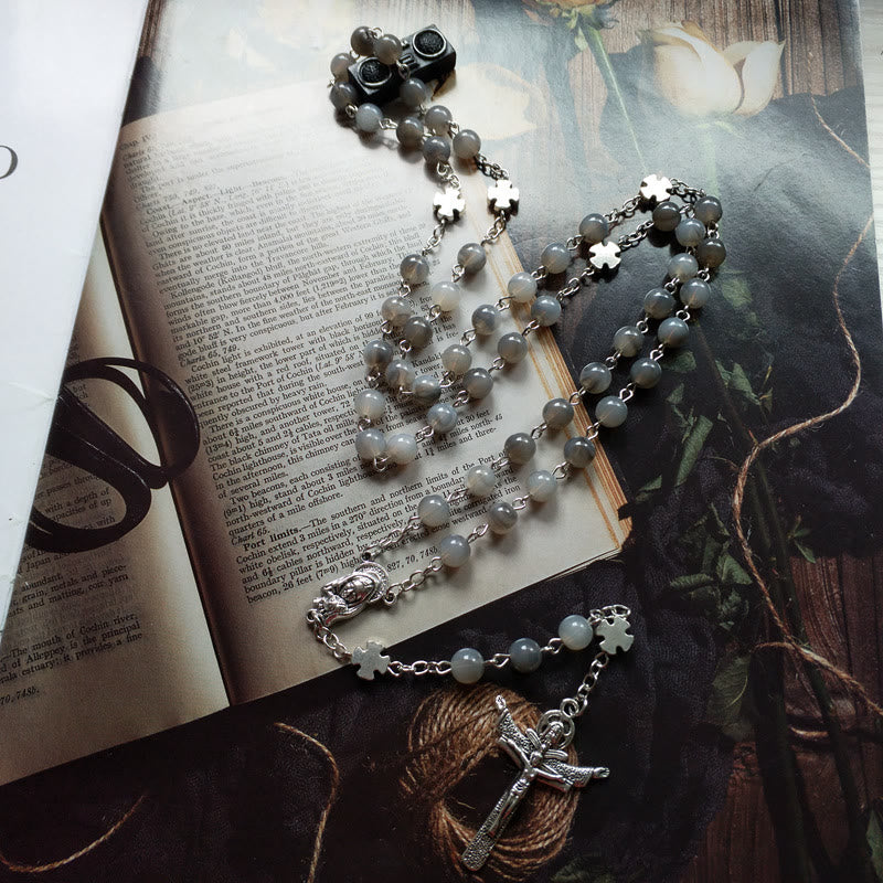 Olivenorma Gray Moonstone Silver Jesus Cross Rosary Necklace