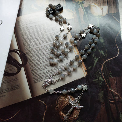 Olivenorma Gray Moonstone Jesus Cross Rosary Necklace - image 3