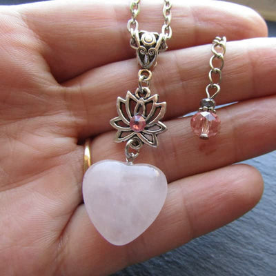 Olivenorma Bohemia Rose Quartz Heart Shape Lotus Necklace