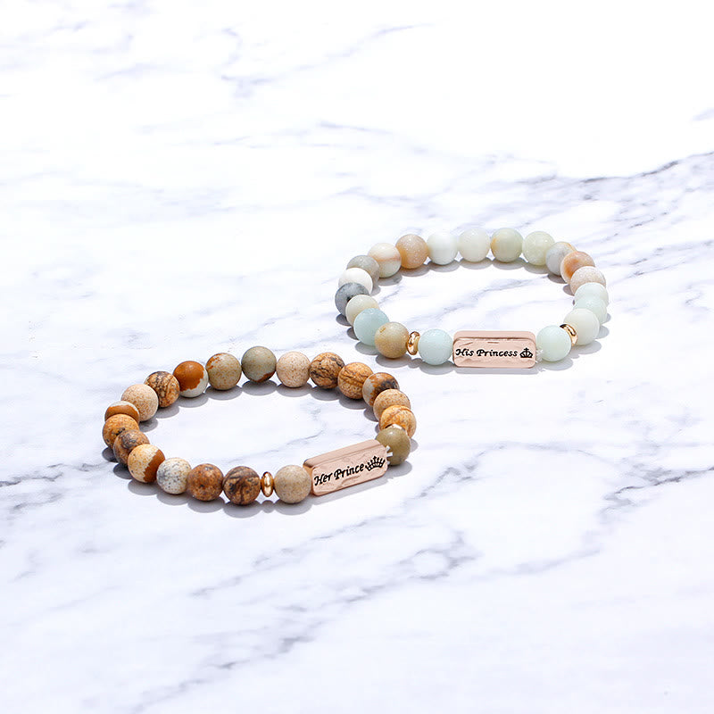 Olivenorma Natural Gemstone His Princess Her Prince 2 Piece Engraving Bracelet