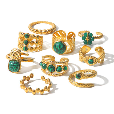 Olivenorma Gold Green Natural Malachite Open Ring Set