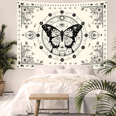 Olivenorma Black Butterfly Moon Flower Beige Tapestry