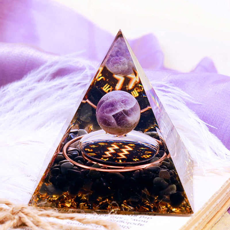 Olivenorma Amethyst Sphere With Obsidian Zodiac Aquarius Orgone Pyramid