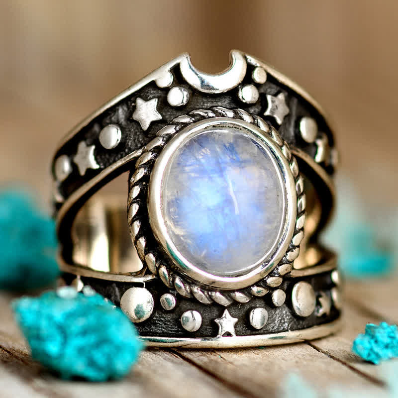 Olivenorma Bohemia Retro Moonstone Moon Star Ring