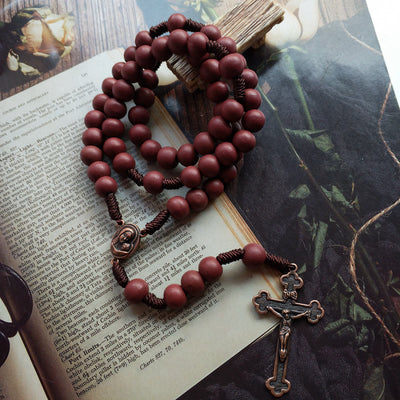 Olivenorma Red Brown 10mm Wooden Bead Cross Rosary Necklace