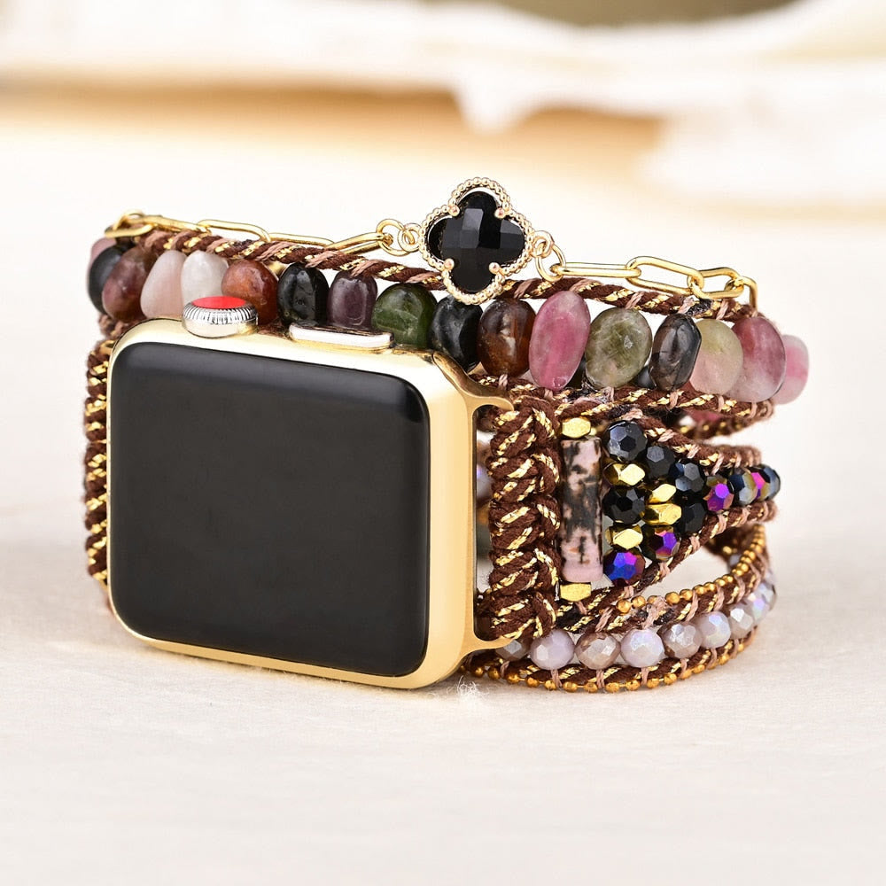 Olivenorma Strawberry Quartz Obsidian Apple Watch Strap Wrap Bracelet