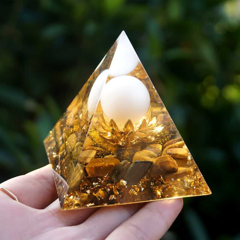 Olivenorma White Agate Sphere With Tiger Eye Lotus Orgone Pyramid