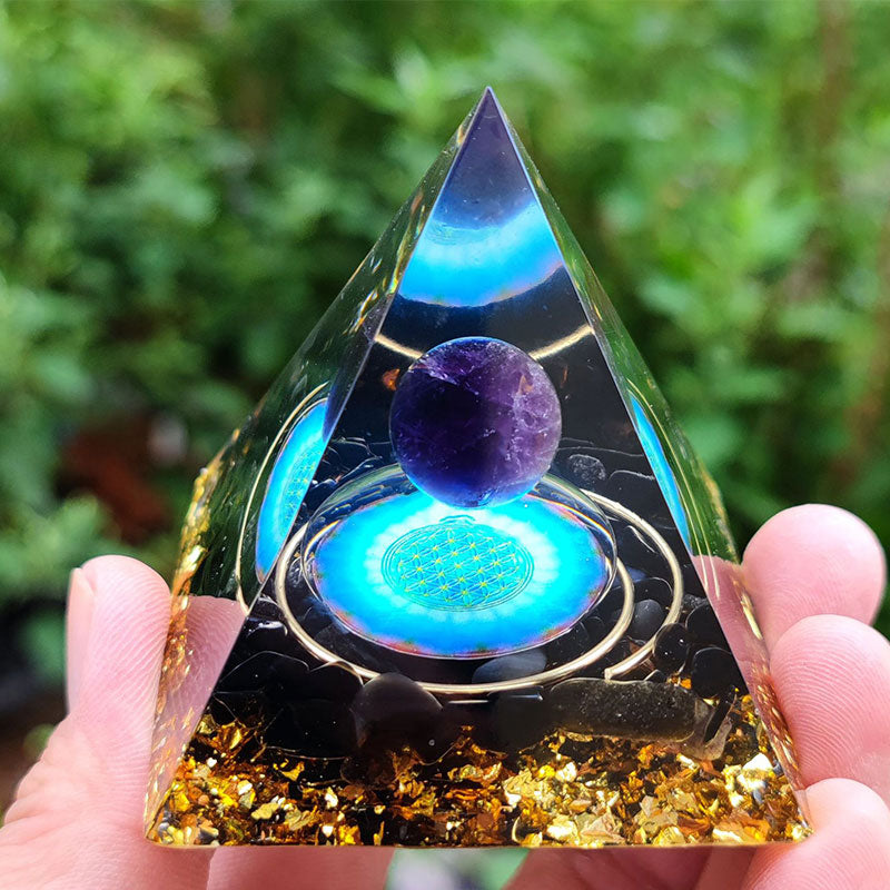 Olivenorma Amethyst Crystal Sphere with Obsidian Orgone Pyramid