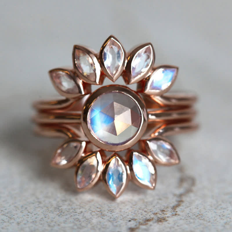 Olivenorma “Tide Goddess” - Sun Flower Moonstone 3 - Piece Ring