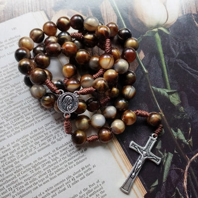 Olivenorma 10mm Agate Beads Jesus Cross Pendant Rosary Necklace - image 2