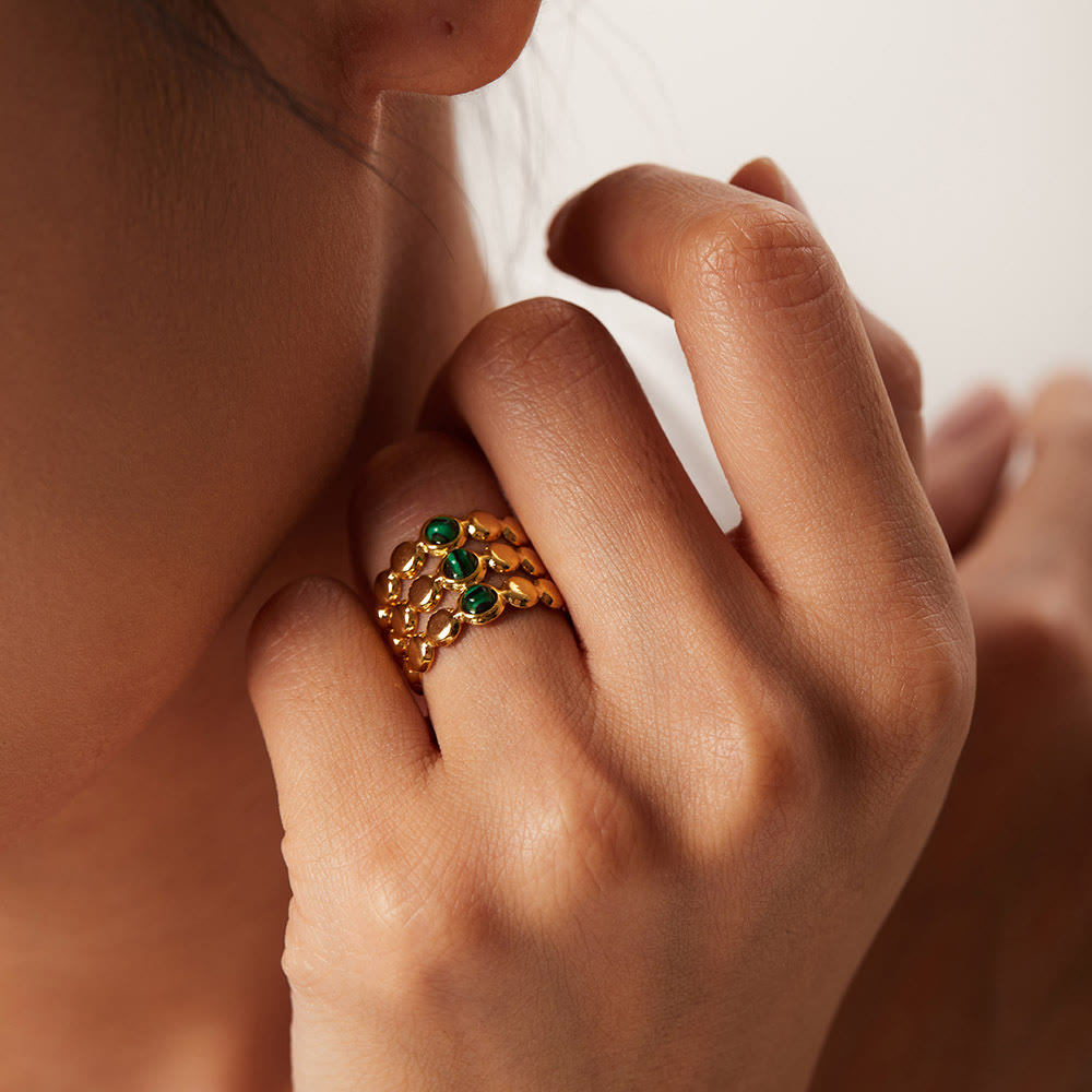 Olivenorma Gold Green Natural Malachite Open Ring Set