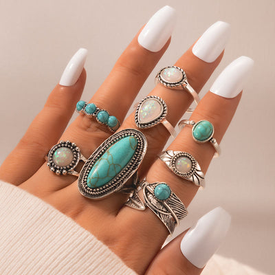 Olivenorma Opal Turquoise Elephant Leaf 8-Piece Ring Set