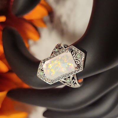 Olivenorma Square White Opal Antique Silver Ring