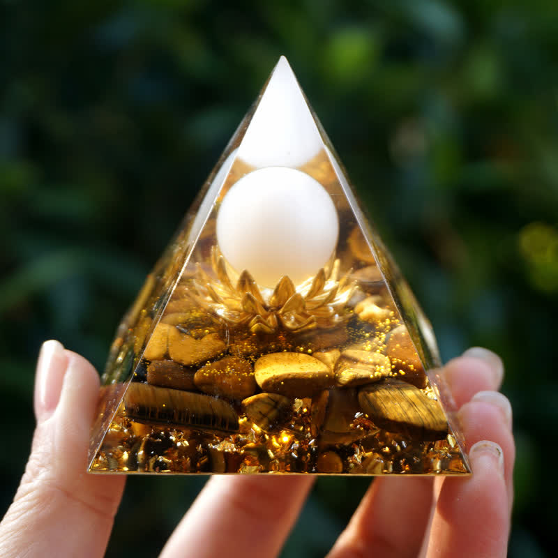 Olivenorma White Agate Sphere With Tiger Eye Lotus Orgone Pyramid