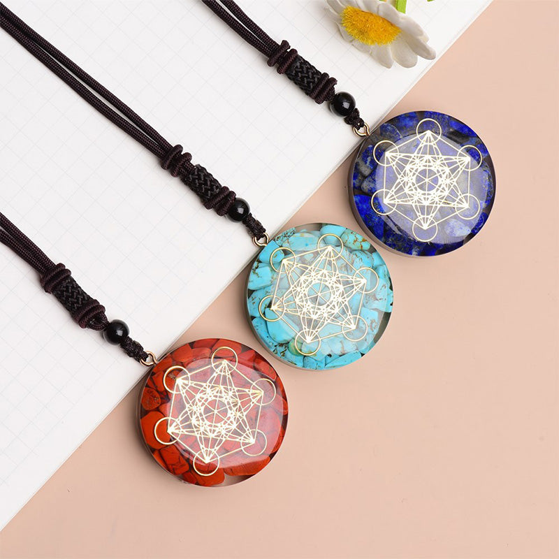 Olivenorma Red Jasper Lapis Lazuli Turquoise Metatron's Cube Symbol Necklace