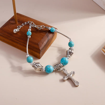 Olivenorma Turquoise Beaded Silver Cross Pendant Bracelet