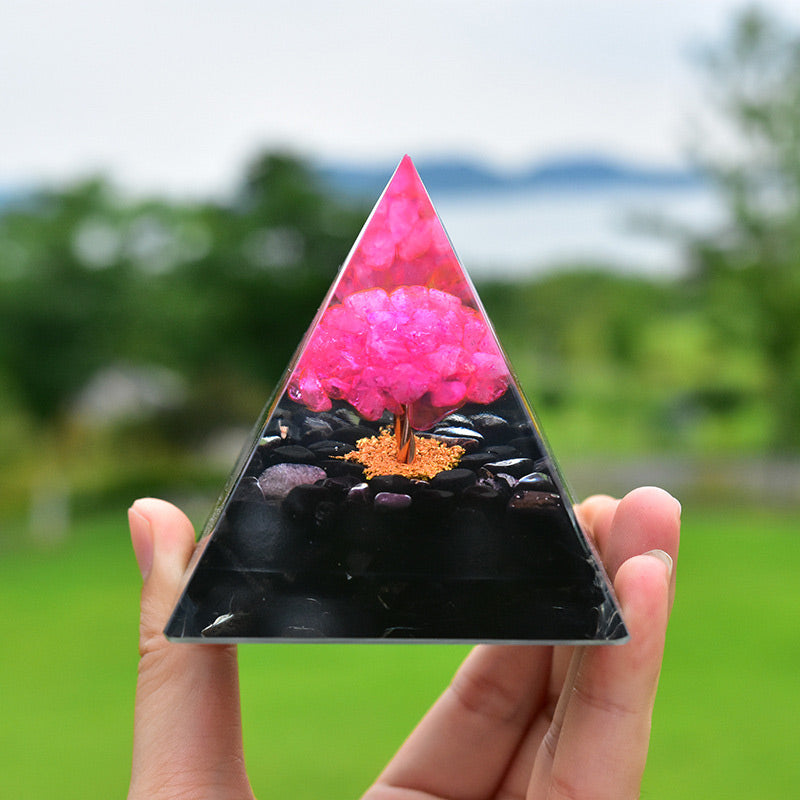 Olivenorma Obsidian with Pink Crystal Healing Orgone Pyramid