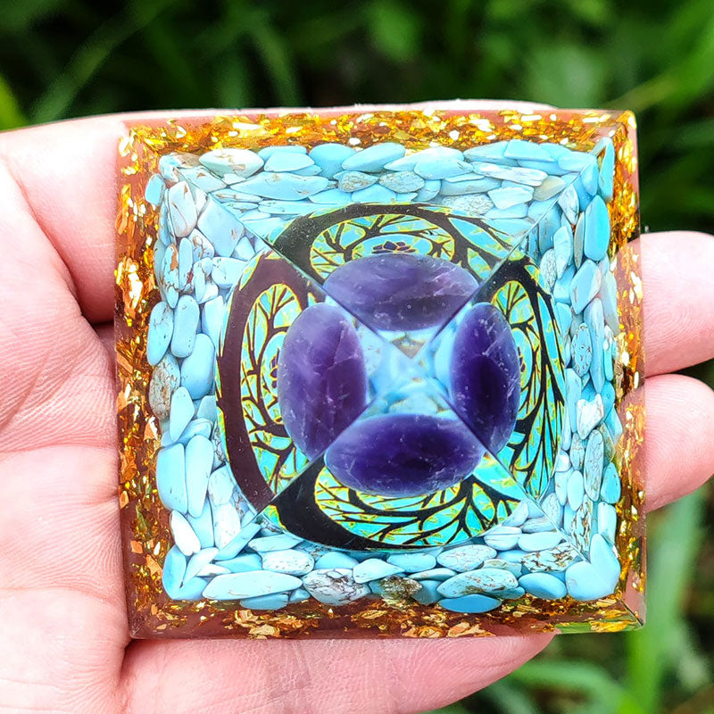 Olivenorma Turquoise With Amethyst Ball Orgone Pyramid