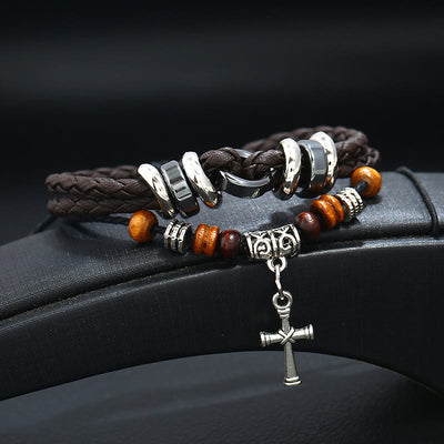 Olivenorma Adjustable Multi Layered Braided Woven Leather Cross Bracelet