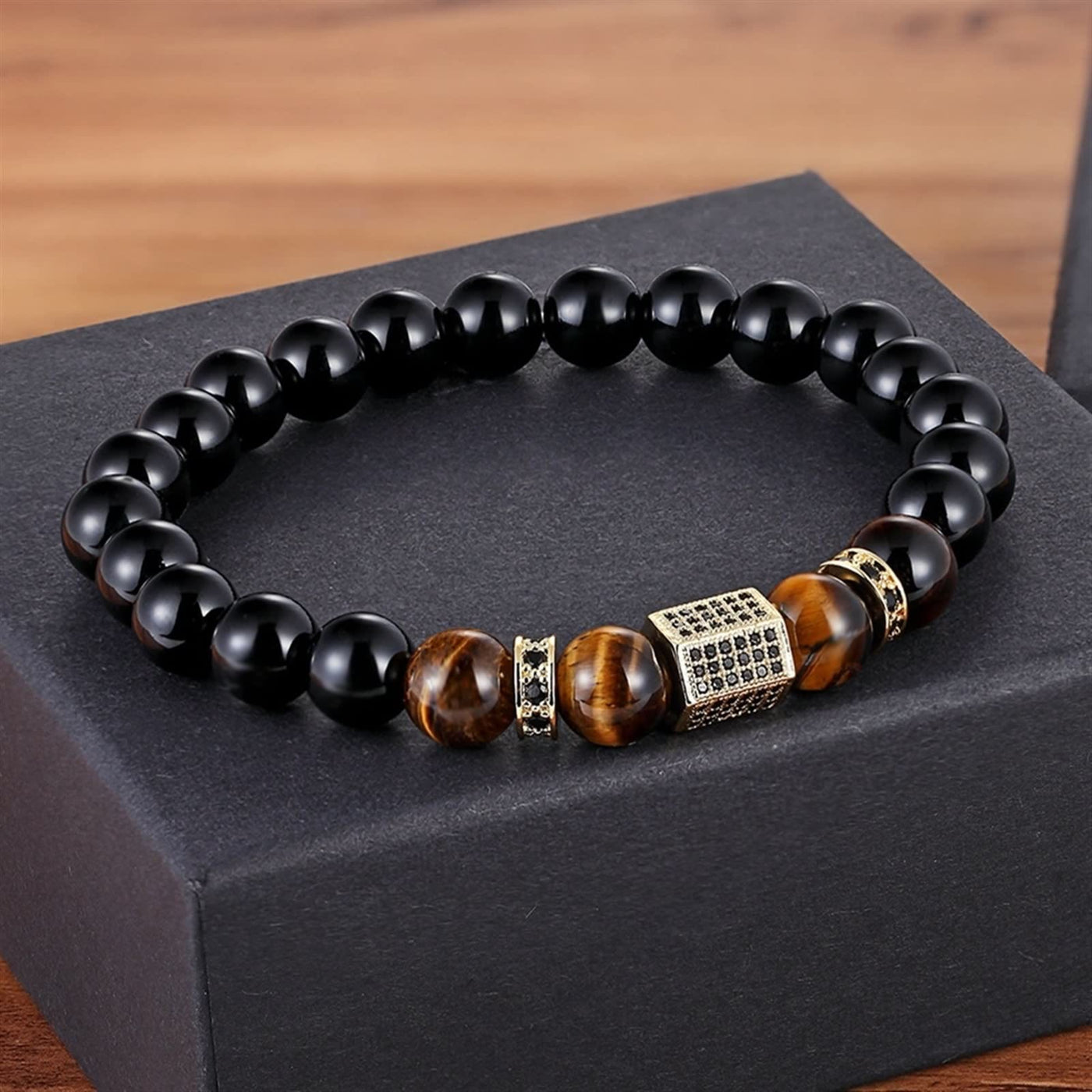 Olivenorma Men's Frosted Black Bead Tiger Eye Bracelet