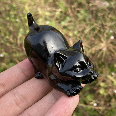 Olivenorma Natural Crystal Obsidian Cat Carving Gemstone Decoration