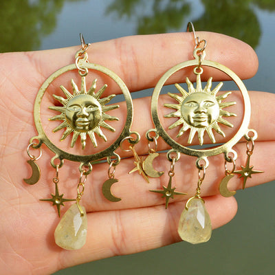 Olivenorma Natural Raindrop Crystal Gold Sun Moon Star Earrings